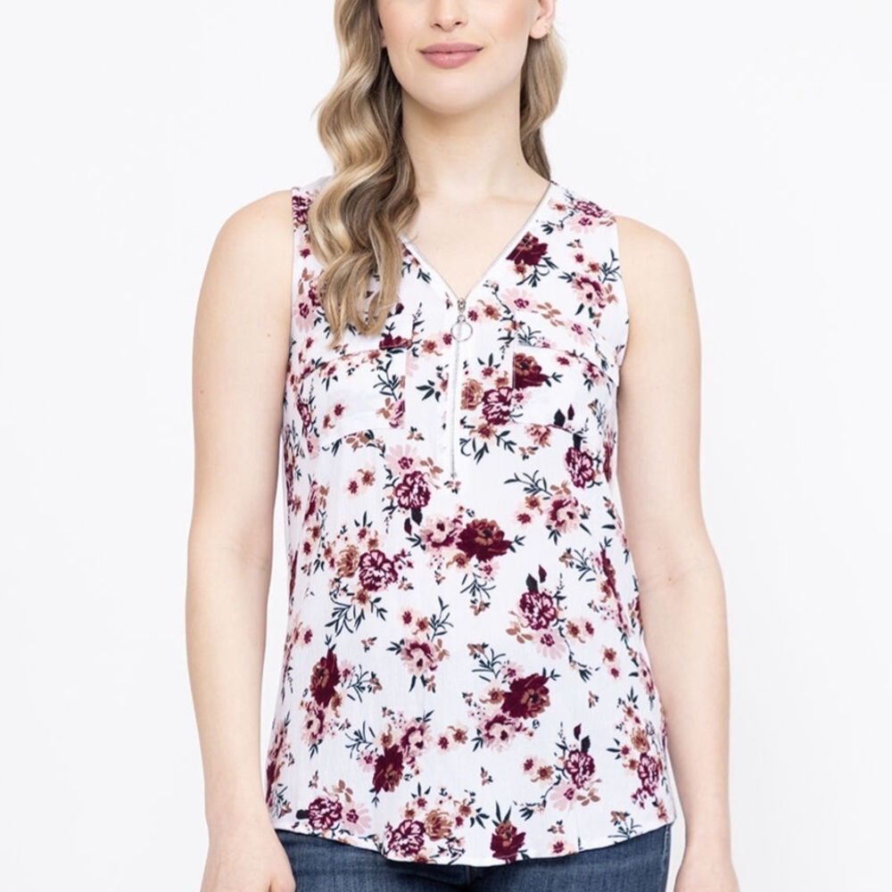 🍀2/$30🍀 Floral Half Zip Ivory Sleeveless Tank Top - Warehouse One - S
